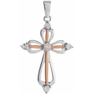 14K Rose Gold-Plated Sterling Silver .03 CT Natural Diamond Cross Pendant 