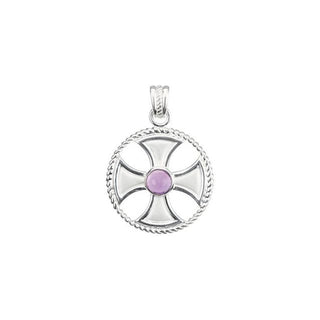 14K White Natural Amethyst Rope Maltese Cross Pendant