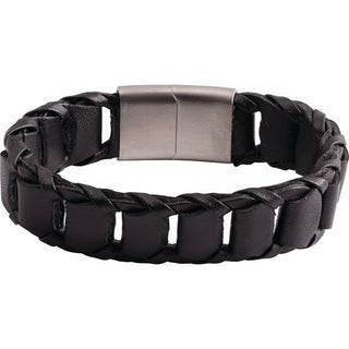Stainless Steel 17 mm Black Leather 8" Bracelet
