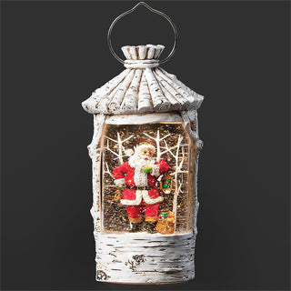 10-Inch Lighted Swirl Birch Lantern - Santa And Cardinal