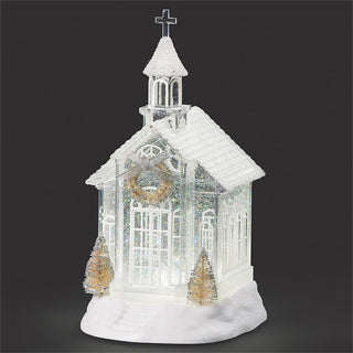 10.25-Inch Lighted Swirl Church With Gold Tree And Wreath