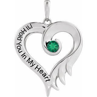 14K White Lab-Grown Emerald & Engraved I'll Hold You In My Heart Pendant