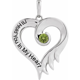 14K White Natural Peridot & Engraved I'll Hold You In My Heart Pendant