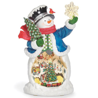 13-Inch Lighted Musical Snowman Rotating Scene - Blue Coat