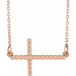 14K Rose 19.5x12.1 mm Sideways Beaded Cross 16.5" Necklace