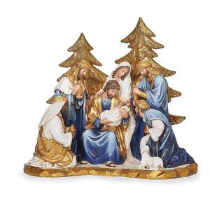 6-Inch Nativity, Gold Trees, Blue And White Robes