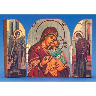 Greek Icon - Triptych- GLIKOFILOUSA With EVANGELISMOS Hand-Carved