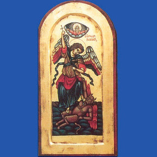 16" x 8" Hand Painted Arched and Gold Leaf Icon of St Michael the Archangel