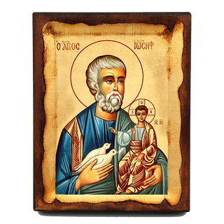 Hand Painted St Joseph Icon with Dark Brown Scroll Frame