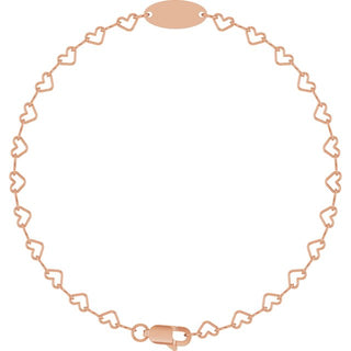 14K Rose Engravable Heart Link 7" Bracelet