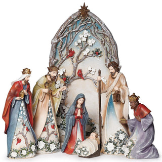 10-Inch 7-Piece St Nativity, Blossoms Holly & White Poinsettia