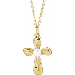 14K Yellow Cultured White Freshwater Pearl Cross 16-18" Necklace