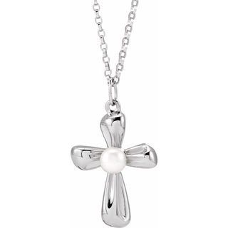 14K White Cultured White Freshwater Pearl Cross 16-18" Necklace