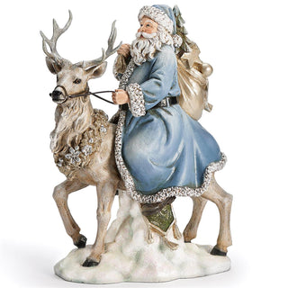 12-Inch Santa Riding Gray Deer W/ Blue Suit & Champagne Gold