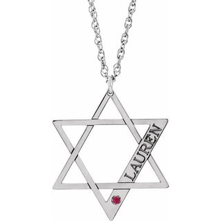 Rhodium-Plated Sterling Silver Personalized Imitation Ruby Star of David 18" Necklace