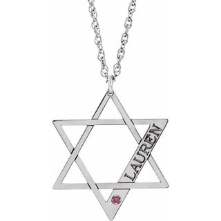 Rhodium-Plated Sterling Silver Personalized Imitation Pink Tourmaline Star of David 16" Necklace