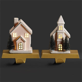 6.5-Inch Lighted 2-Piece Set Stocking Holders, Ceramic House