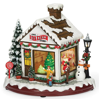 9-Inch Lighted Musical Ice Cream Shop With Santa & Rotation