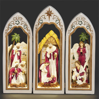 12-Inch Lighted Triptych Nativity Pearlized With Scrolls