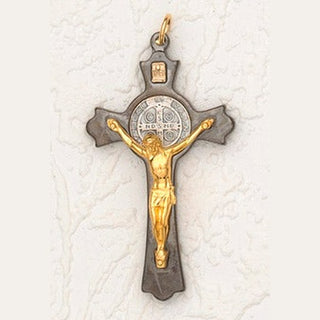 3 Inch, St Benedict Hematite Cross Gold Corpus Corded