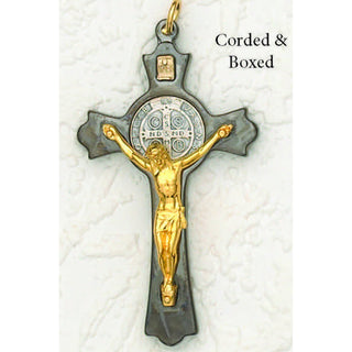3 Inch, St Benedict Hematite Cross Gold Corpus Corded