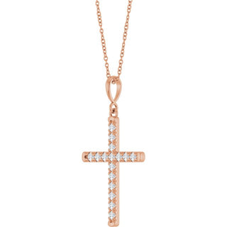 14K Rose 3/8 CTW Lab-Grown Diamond French-Set Cross 16-18" Necklace
