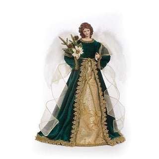 16-Inch Green & Gold Angel W/ Poinstettia Tree Topper