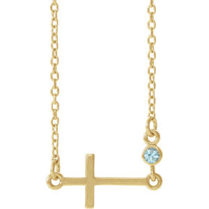 14K Gold Blue Zircon Sideways Accented Cross 16-18" Necklace