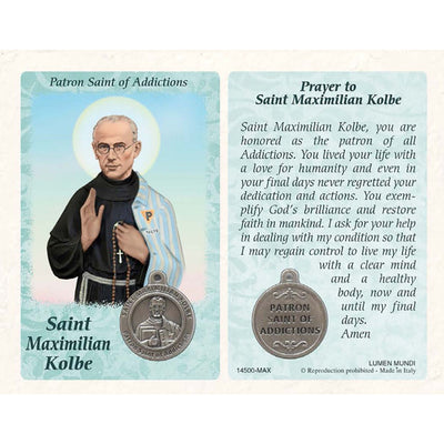 25-Pack - Healing Saints Prayer Card with Pendant - Saint Maximilian Kolbe- Patron Saint of Addictions