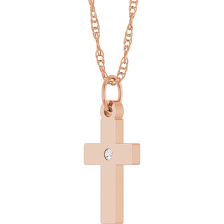 14K Rose .02 CT Natural Diamond Cross 18" Necklace