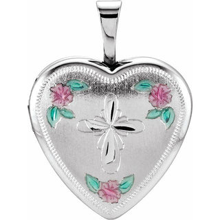 Sterling Silver 21.4x15.8 mm Tri-Color Cross & Roses Locket