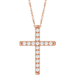14K Rose 1/2 CTW Lab-Grown Diamond French-Set Cross 16-18" Necklace
