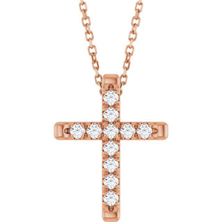 14K Rose 1/4 CTW Lab-Grown Diamond French-Set Cross 16-18" Necklace