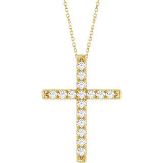 14K Yellow 1 CTW Natural Diamond French-Set Cross 16-18" Necklace