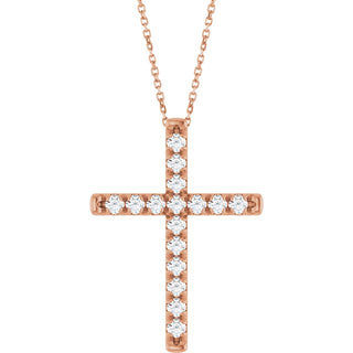 14K Rose 1 CTW Lab-Grown Diamond French-Set Cross 16-18" Necklace