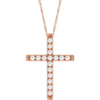 14K Rose 3/4 CTW Lab-Grown Diamond French-Set Cross 16-18" Necklace