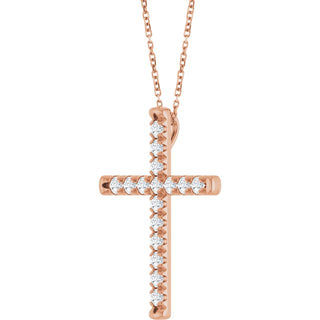 14K Rose 3/4 CTW Lab-Grown Diamond French-Set Cross 16-18" Necklace
