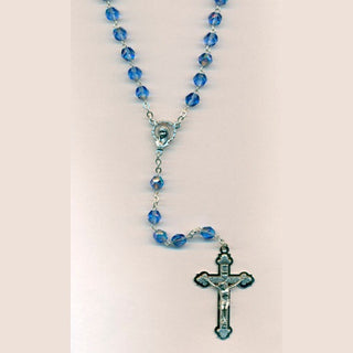 6mm Sapphire Glass Rosary with triple layer Crucifix Boxed
