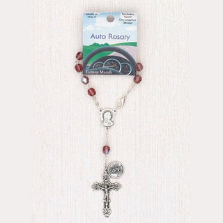 4-Pack - 6mm Glass Amethyst Auto Rosary with Premium Centerpiece and Crucifix with St Christopher Pendant
