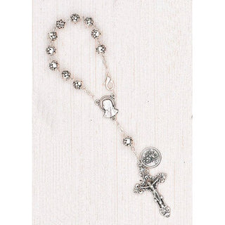 4-Pack - 6mm Silver Rose Auto Rosary with Premium Centerpiece and Crucifix with St Christopher Pendant