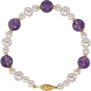 14K Yellow Natural Amethyst & Cultured White Freshwater Pearl 7 1/2" Bracelet 