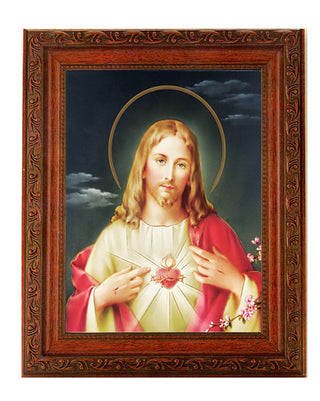 Sacred Heart In Ornate Wood Frame 10" X 12"
