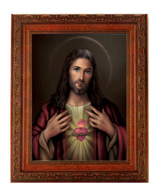 Sacred Heart In Ornate Wood Frame 10" X 12"