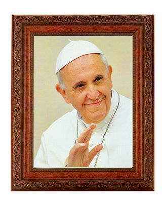 Pope Francis In Ornate Wood Frame 10" X 12"