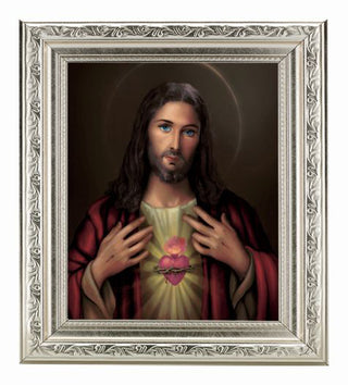 Sacred Heart In Ornate Silver Frame 10" X 12"