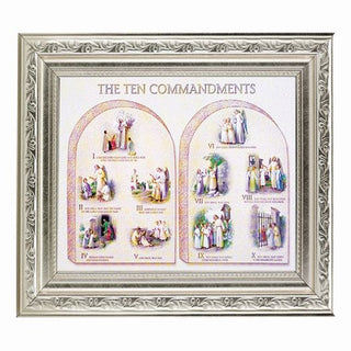 Ten Commandments In Ornate Silver Frame 10" X 12"