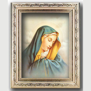 Our Lady Of Sorrow In Ornate Silver Frame 10" X 12"