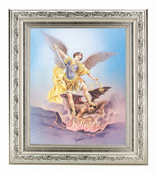 St. Michael In Ornate Silver Frame 10" X 12"