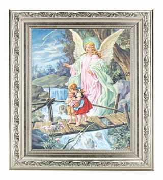 Guardian Angel In Ornate Silver Frame 10" X 12"