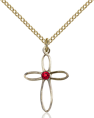 14kt Gold Filled Loop Cross Pendant with a 3mm Ruby Swarovski stone on an 18-inch Gold Filled Light Curb Chain